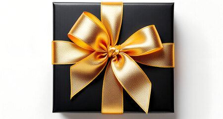 Luxurious black gift box with beautiful goldden ribbon on white background