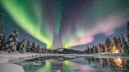 Vibrant green and purple aurora borealis dancing in the starry night sky over a frozen lake and snow-covered forest. - Powered by Adobe