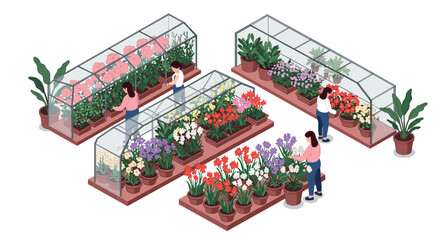 Isometric garden center with flower displays and people browsing plants