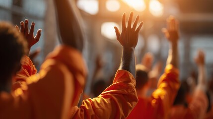 Group of students in orange jumpsuits raising hands in a sunlit classroom, expressing eagerness and participation