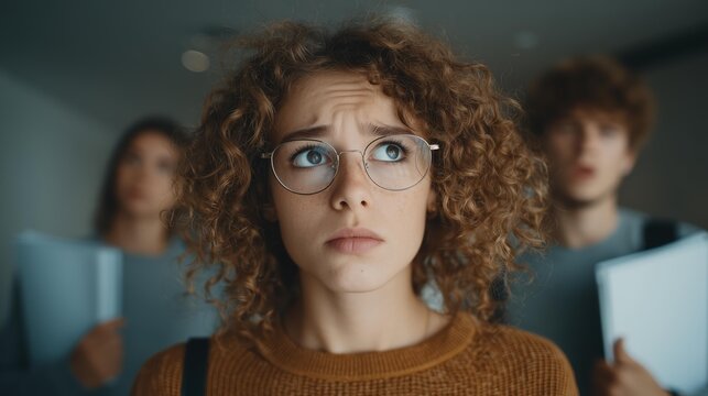 Puzzled young woman with curly hair and glasses standing at a crossroads with friends in a modern setting