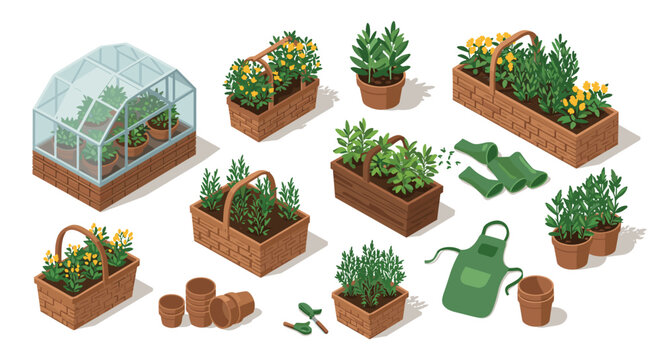 Isometric garden elements with greenhouse and planters for urban gardening