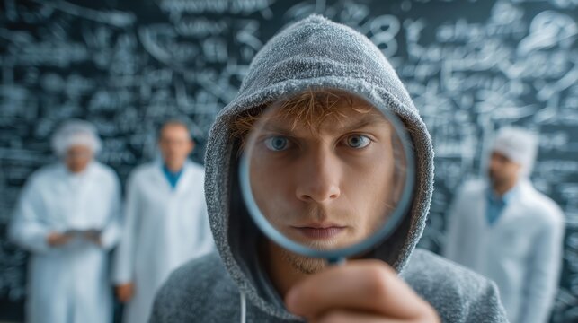 Young male student in gray hoodie examining details through a magnifying glass in academic laboratory setting