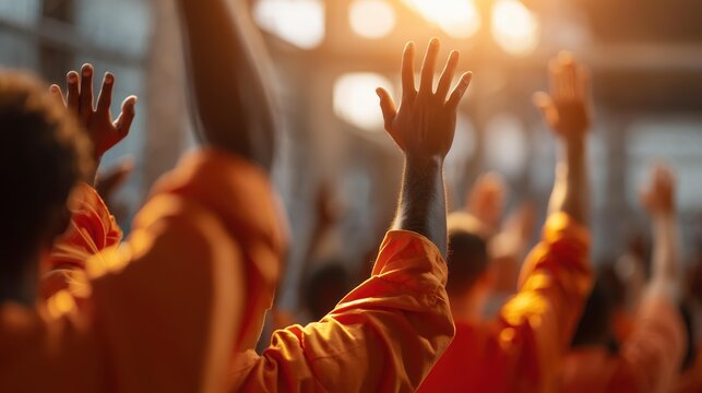 Group of students in orange jumpsuits raising hands in a sunlit classroom, expressing eagerness and participation