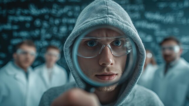 Young male student in gray hoodie examining details through a giant magnifying glass in academic lab setting - Powered by Adobe
