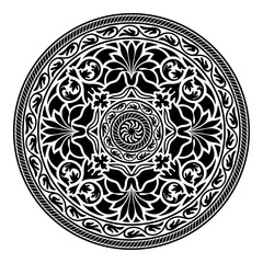 Black round pattern with stylized flowers and borders. No background. Indian, Arabic, Middle East art legacy. Suzani style. 