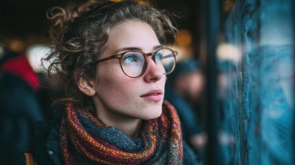 Thoughtful young Caucasian woman with curly hair and glasses gazing out of a window in a cozy urban setting