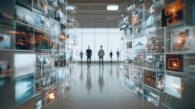 Futuristic digital marketplace with citizens engaging at AI vendor stall surrounded by floating data screens