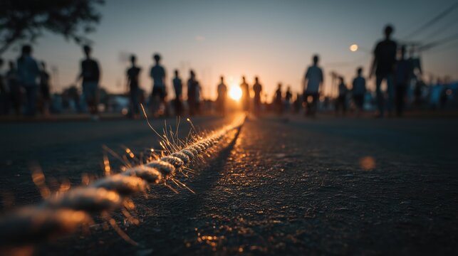 Crowds of people silhouetted against a vibrant sunset, with a focus on a textured rope on the ground - Powered by Adobe
