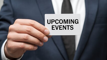 A businessman in a suit holding a card with the words upcoming events printed on it, representing announcements and schedules for future gatherings
