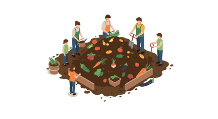 Urban community gardening isometric scene with people planting vegetables