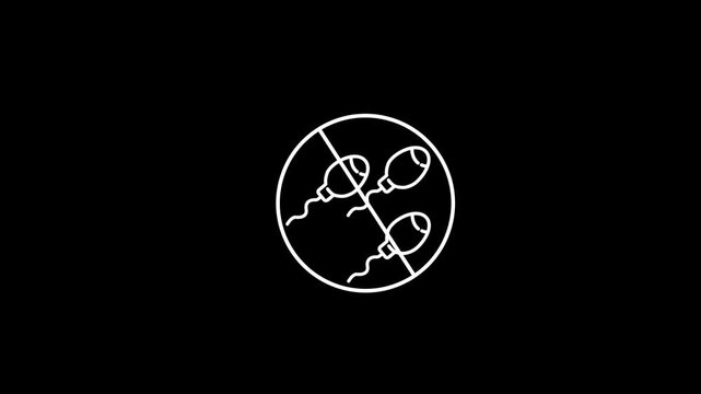 White line art icon of sperm cells crossed out in a circle on black background Keywords: sperm, fertility, reproduction, conception, no fertility, infertility, contraception, birth control, male