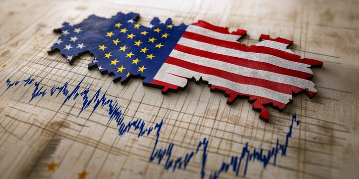Us and eu flags overlaying a single territory on fluctuating financial chart