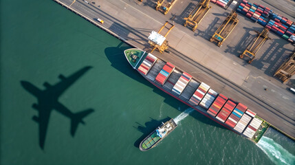 Global trade logistics at industrial seaport with airplane shadow on ocean, cargo transportation, intermodal shipping, maritime and air logistics concept