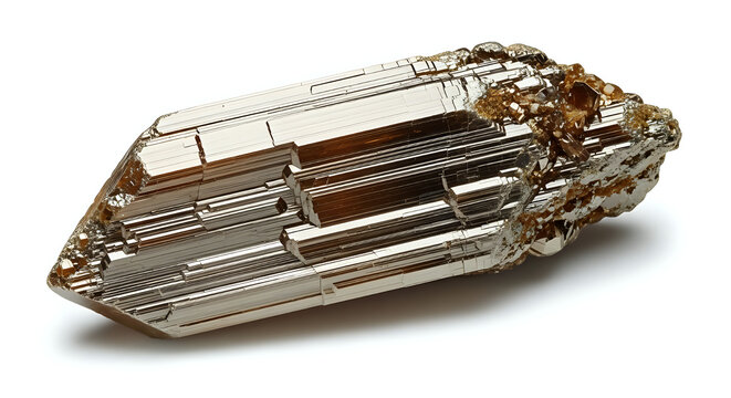 Close up of a shiny pyrite crystal with distinct ridges and a pointed end on a white background