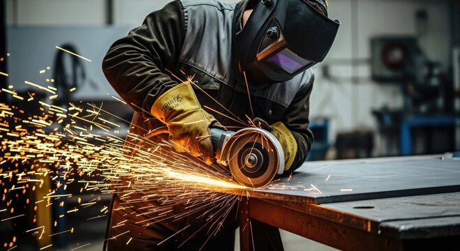 Skilled Metal Fabricator in Protective Gear Grinding Steel with Power Tools in Industrial Workshop