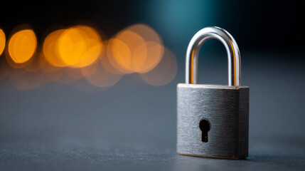 A padlock is shown on a surface with blurry lights in the background