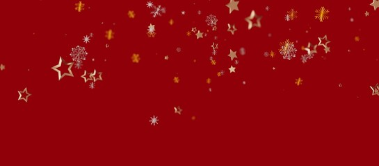Festive red Christmas background with falling gold stars and snowflakes. Perfect for holiday greetings, New Year celebrations, and se