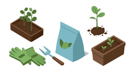 Isometric gardening essentials seedlings, tools, and soil planting inspiration