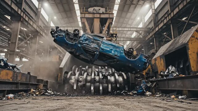 Industrial shredder processing a blue car, tearing metal apart with sparks flying in a dusty junkyard facility, emphasizing destruction and material recycling