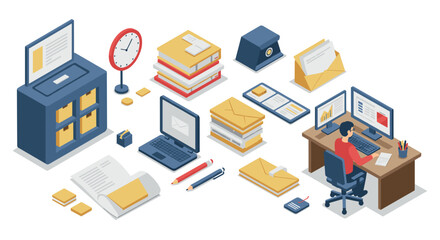 Isometric office workspace with desk accessories and computers for modern business concepts