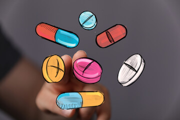 Hand interacting with colorful medication, health, medicine, pharmacy, treatment, healthcare, wellness, cure, therapy, recovery, drugs, ca