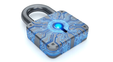 A digital padlock with blue glowing circuit patterns on a white surface providing security concept