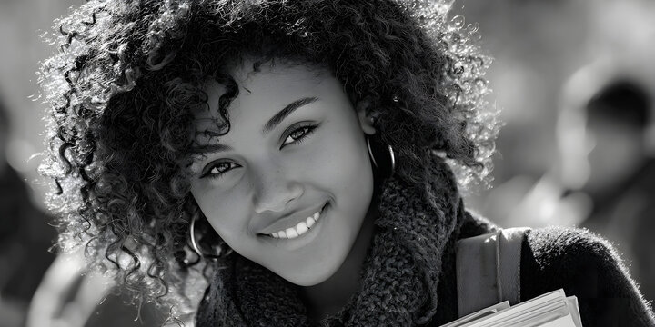 Radiant Student: A cheerful student with a captivating smile, carrying books, radiates joy and optimism, portraying a moment of pure academic bliss.