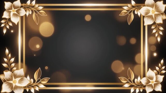 Elegant Black Background with Golden Floral Border and Bokeh Lights image photo