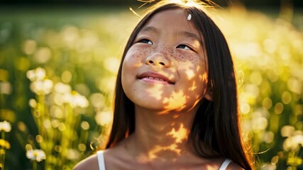 Young asian girl standing in a sunlit daisy field, eyes closed with a gentle smile, holding a bouquet of fresh daisies, experiencing nature and evoking a sense of innocent childhood joy