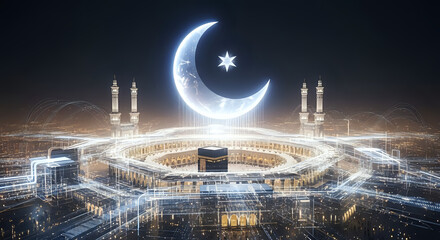 Illuminated kaaba with crescent moon and star above, surrounded by abstract architectural structures