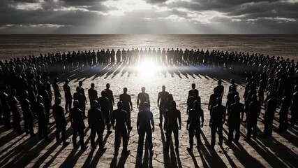 Crowd of people creating a circular formation, uniting in an arid desert landscape with long shadows extending towards a beaming light source under a cloudy sky