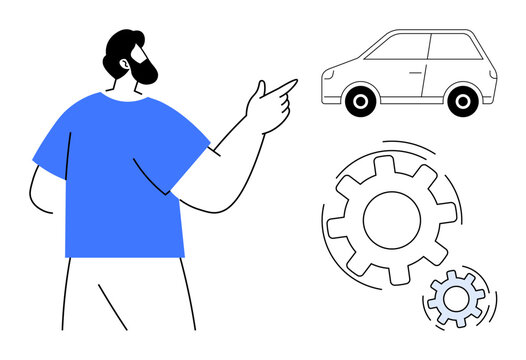 Person pointing at a car and rotating gears, representing collaboration, mechanics, automotive repair, and technical problem-solving. Ideal for business, transportation, teamwork, innovation
