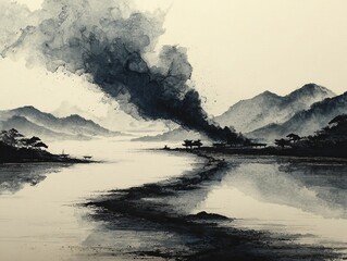 Abstract Chinese ink painting depicts black ink swirling in water, creating a dreamlike and ethereal landscape through expressive brushstrokes, negative space, and monochrome art.