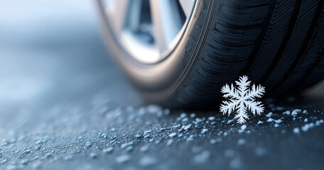 A close up of a car tire on wet pavement with snowflakes around it, implying winter conditions and the need for good tires in such weather