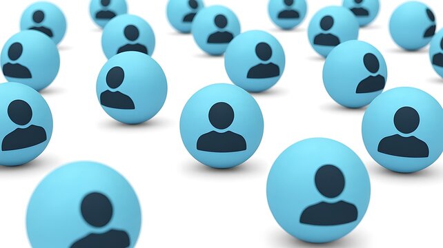 A collection of light blue spheres, each bearing a black silhouette of a person, are scattered across a white surface, suggesting a network of individuals