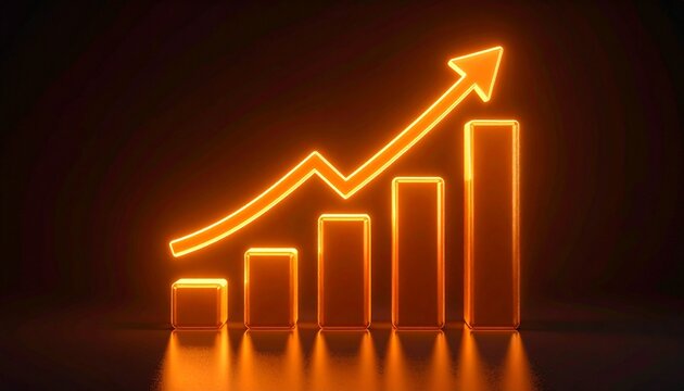 Glowing orange bar chart with upward arrow on dark background