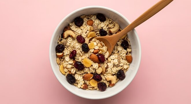Healthy Muesli Bowl With Spoon And Pink Background - Powered by Adobe
