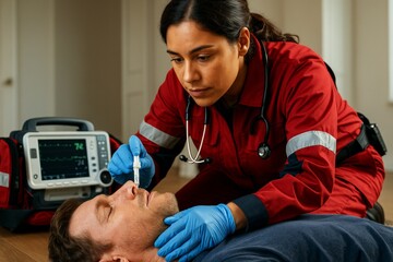 Female paramedic administering emergency nasal spray to unconscious man during CPR procedure indoors with medical equipment on background. Ai generative