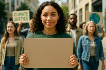 Young woman holding blank cardboard sign at climate protest with diverse group of activists standing outdoors in bright daylight for social cause. Ai generative