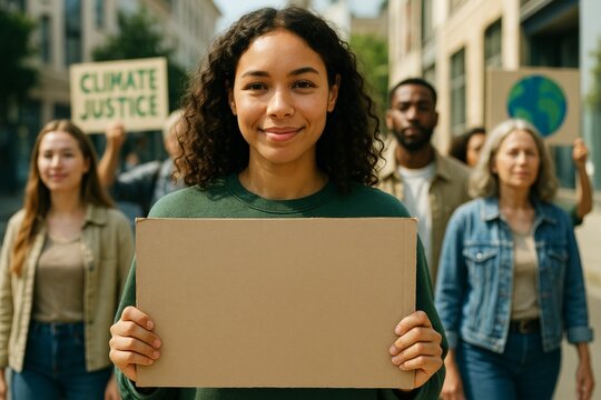 Young woman holding blank cardboard sign at climate protest with diverse group of activists standing outdoors in bright daylight for social cause. Ai generative