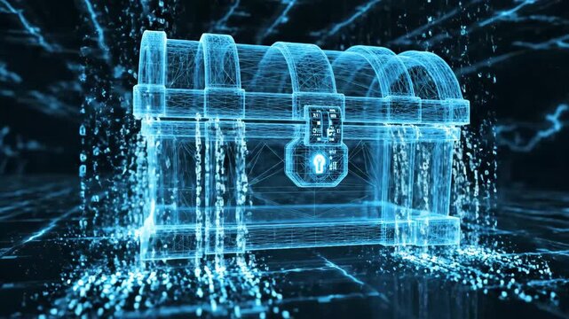 Digital wireframe treasure chest featuring a padlock and binary code stream, representing secure data storage, cybersecurity, and protecting valuable information in a technological environment