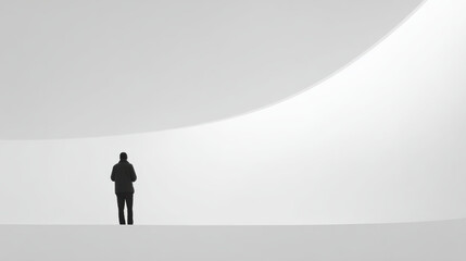 Lonely silhouette of person standing alone in vast white space. minimalist, modern architecture concept representing solitude and thought