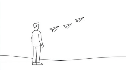Hopeful innovator man releasing paper airplane with new idea concept for future. simple line art drawing showing ambition and growth