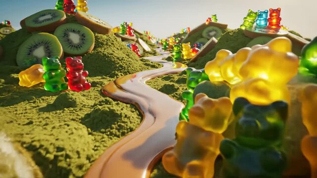 Gummy bears traversing a vibrant, imaginative landscape featuring rolling hills of green powder, sliced kiwis serving as landmasses, and a glistening river of honey flowing through the candy world