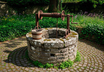 Old stone well in rustic setting, vintage countryside structure