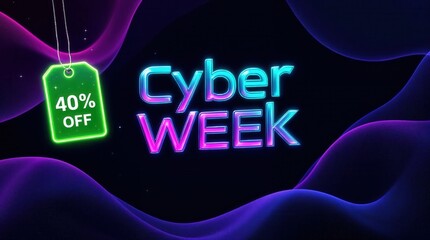 Glowing neon Cyber Week text with a 40% off price tag. Abstract futuristic banner for online sales and e-commerce promotions