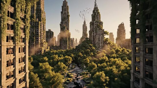 Overgrown city showing a future where nature reclaims dilapidated buildings and streets, depicting desolation, environmentalism, and the strength of the natural world