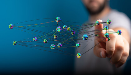 Abstract network of lines and colorful shapes being touched by a finger. Data connection, internet and future t