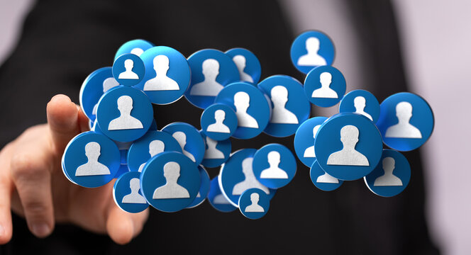 Hand touching network of people icons, representing social connection, networking, and online community. Illustration for technology, teamwork a